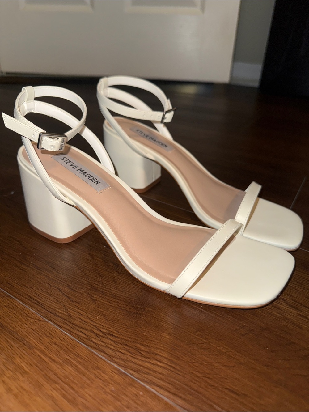 Steve Madden White Square-Toe Block Heel Ankle Strap Sandals